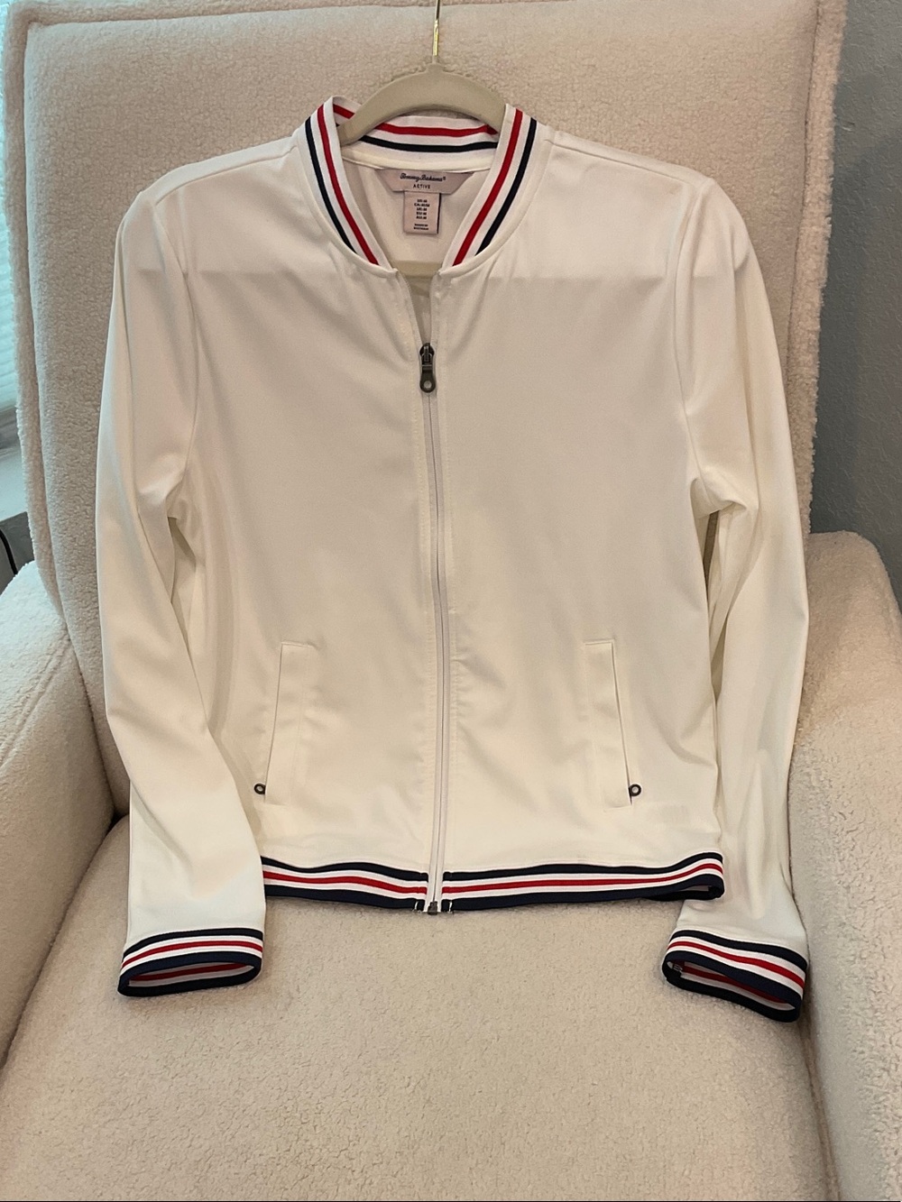 Tommy Bahama White Track Jacket with Red & Navy Stripe Trim